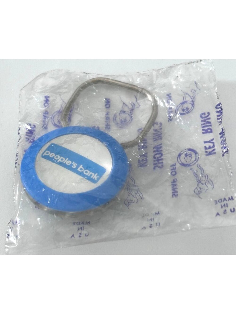Advertising Peoples Bank Snap-On Key Ring Blue & Clear Plastic Made In USA